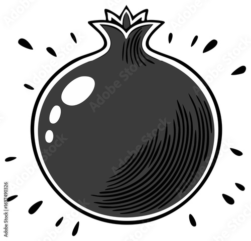 Stylized pomegranate fruit illustration in a vintage black and white woodcut style. Graphic food icon with crown and splash.