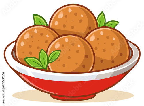Meatballs in a Red Bowl with Garnish Cartoon Style Illustration Recipe Concept