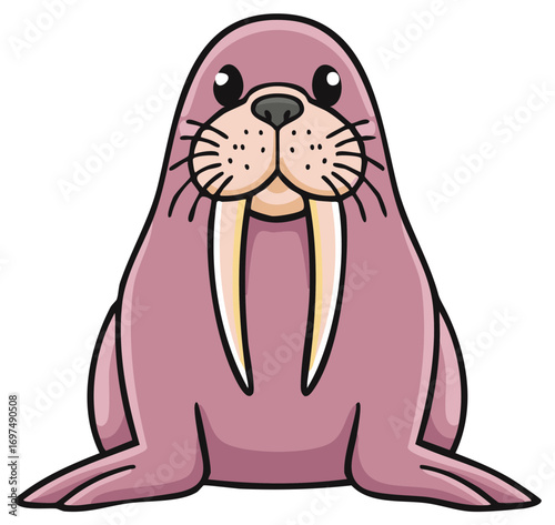 Cute cartoon walrus illustration with prominent tusks, Arctic marine animal character.