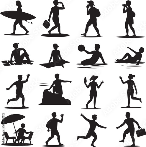 Silhouette Collection Of People Enjoying Various Beach Activities Keywords: silhouette, people