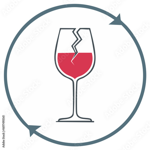 Broken Wine Glass with Red Liquid Inside and Circular Arrow Symbol, Concept of Damage
