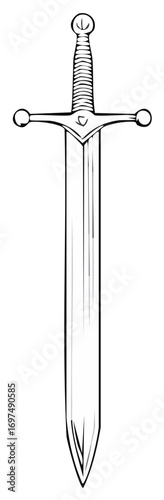 Medieval Sword with Classic Hilt and Straight Blade Drawing