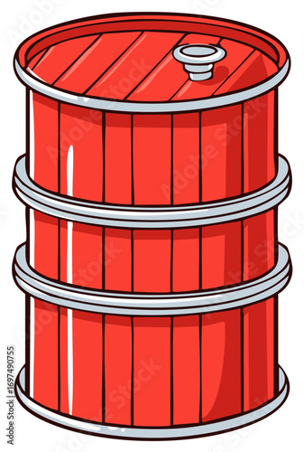 A bright red metal drum or oil barrel with a bung cap in a cartoon vector style illustration