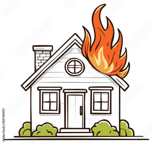 Cartoon House on Fire Home Under Flames Drawing Illustration Arson or Accident