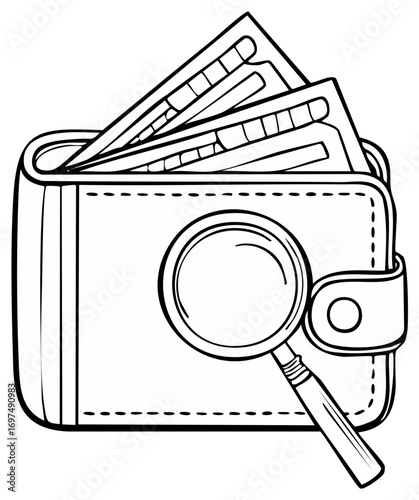 Line art illustration of a wallet with money and a magnifying glass financial search concept