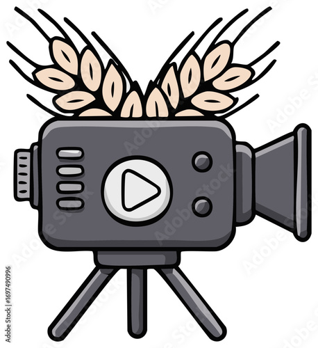 Vintage Movie Camera with Wheat Sheaves Still Life Old Style Camcorder on Tripod Farming Film Concept