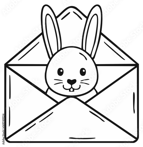 Bunny in Envelope Cute Illustration Black and White Easter Theme  Mail Delivery