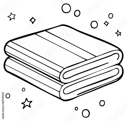 Simple black and white line art of a clean stack of folded towels with sparkles for a coloring page