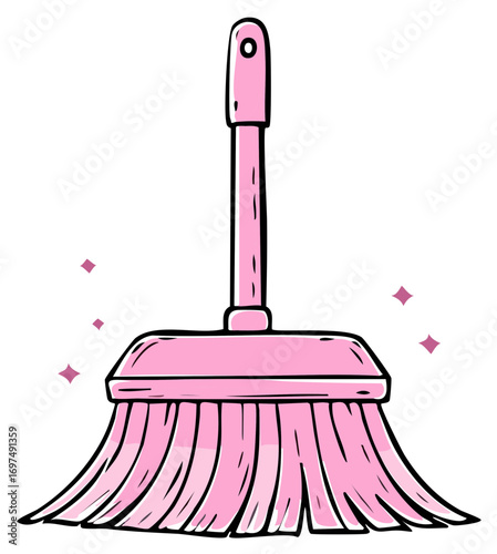 Illustration of a pink cartoon broom with sparkles for cleaning floors and sweeping.