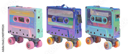 Colorful Retro Cassette Tapes with Roller Skate Wheels Display