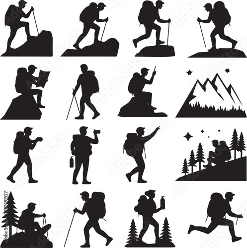 Silhouette Set Of Hikers And Mountain Climbers In Various Poses Keywords: silhouette, hiker