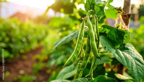 Green beans growing in garden