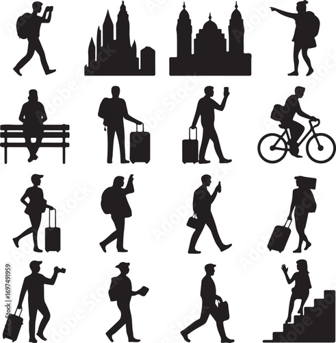 Silhouette collection of travelers with luggage and city landmarks Keywords: silhouette, traveler
