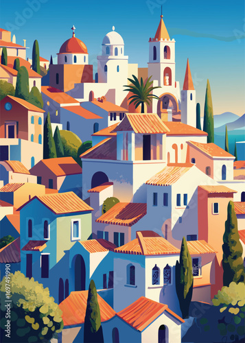 Vector illustration of a Mediterranean village town landscape