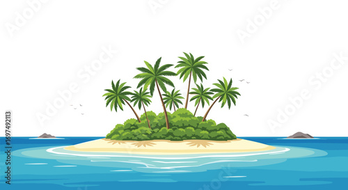 Tranquil tropical island oasis with lush greenery swaying palm trees and deep blue ocean waters under a clear sky