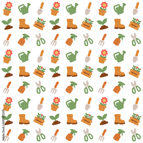 Seamless flat gardening pattern with tools, seedlings, flowers, watering can, spray bottle and boots. Spring garden background for textile, wallpaper, wrapping and eco design.