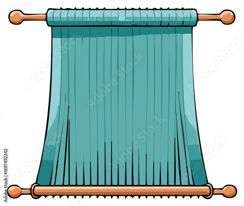 Cartoon style illustration of a teal curtain with decorative wooden rods