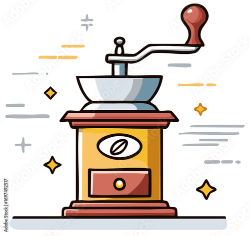 Charming Cartoon Coffee Grinder Illustration Hand Drawn Style Perfect for Coffee Shop and Restaurant Decor