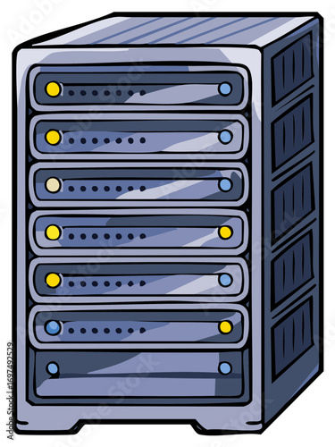 Cartoon Illustration of a Server Rack with Hard Drives for Data Storage and Processing
