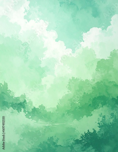 A serene, watercolor-style landscape painting featuring soft, pastel shades of green and white, evokes a sense of tranquility.