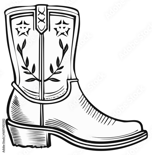 Western cowboy boot vector illustration Line art design for ranch culture clothing, and country fashion.