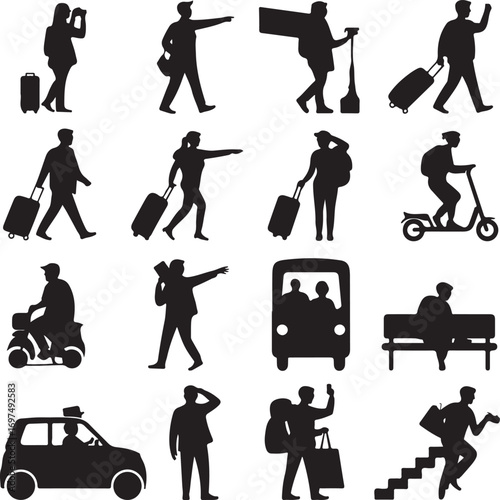Silhouette collection of people using various modes of transport and travel Keywords: silhouette
