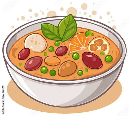 Illustrated bowl of hot vegetable soup with beans, peas, and citrus garnish