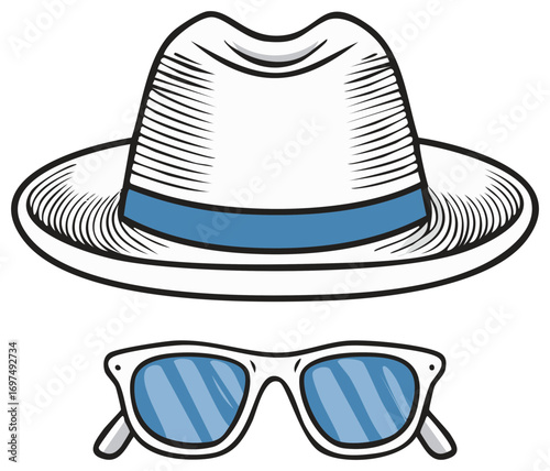 Cartoon drawing of fedora hat with a blue band and stylish sunglasses
