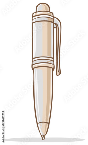 Isolated cartoon illustration of a refillable metallic ballpoint pen for writing and office tasks