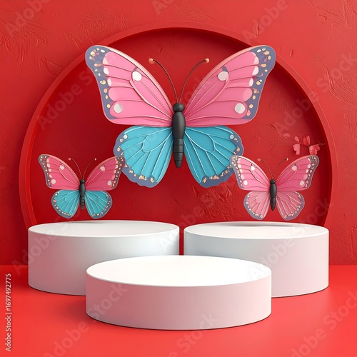 Three delicate butterflies in pastel pink and teal hover over a pair of round white podiums against a deep red backdrop.