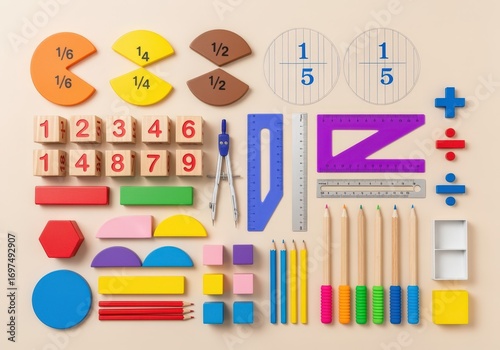 Vibrant school and math learning tools flat lay