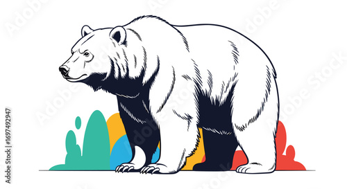 Majestic grizzly bear standing proudly amidst vibrant colorful abstract shapes representing nature and artistry