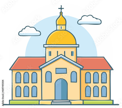Cartoon Christian church with a golden dome vector illustration