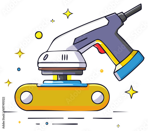 Modern electric orbital polisher buffer tool vector illustration with sparkle effect