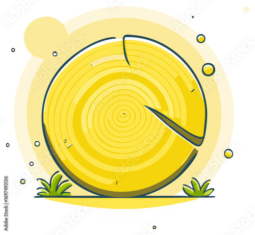 Stylized yellow wood slice with cut piece and grass sprouts against soft yellow background