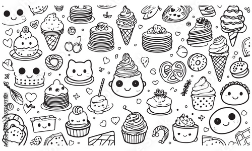 Cute Kawaii Desserts and Sweets Line Art Illustration