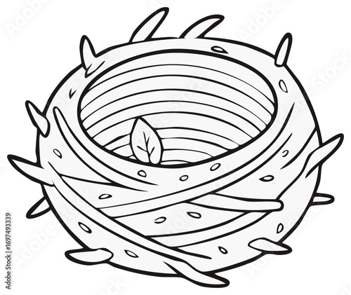 Artistic Bird Nest Illustration: Decorative Nest Structure with Leaf Element in Black and White