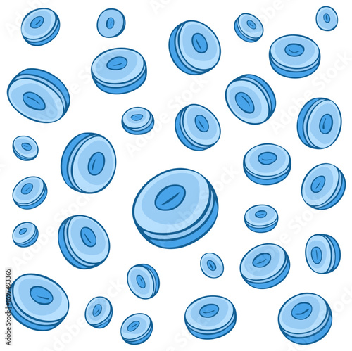 Cartoon Candy Pattern with Blue Pill-Shaped Sweets Floating in Random Positions, Cute and Playful Design Elements