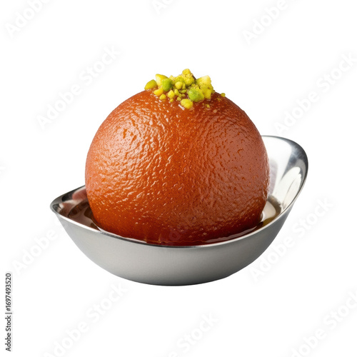 A single golden-brown gulab jamun glistening with syrup, topped with green pistachios in a silver bowl on a transparent background with soft bokeh, concept of Indian dessert