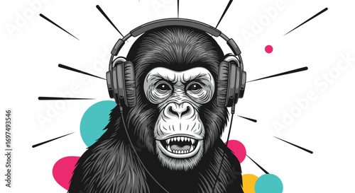 Cool primate wearing headphones enjoying loud music with colorful circles and rays of light abstract art