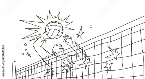 Dynamic volleyball player executing a powerful spike over the net with energetic motion lines and stars emphasizing the impact of the game