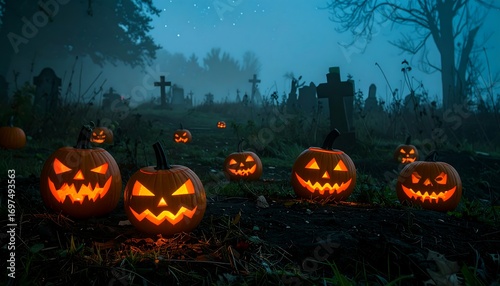 Spooky jack-o'-lanterns illuminate a misty graveyard at twilight, casting an eerie glow on the scene.