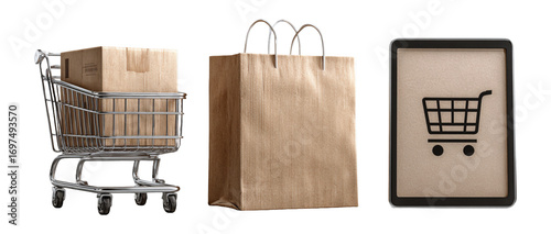 Shopping Cart with Boxes and Paper Bag for Retail Commerce
