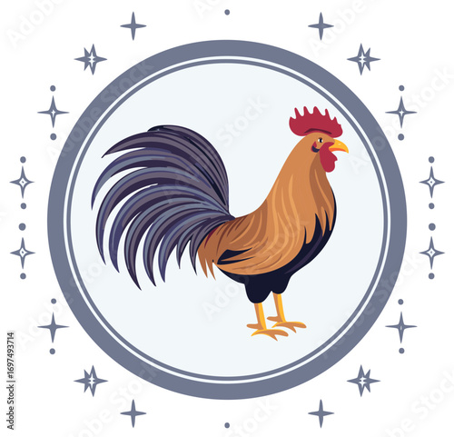 A stylized illustration of a proud rooster with flowing tail feathers inside a circular border