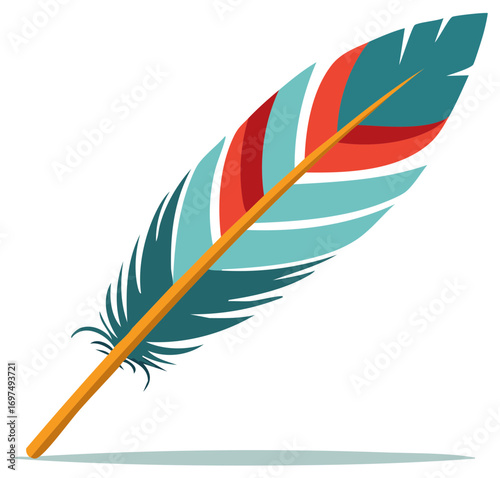 Stylized Feather Illustration with Teal, Red, and Orange Accent Colors and Smooth Graphic Design