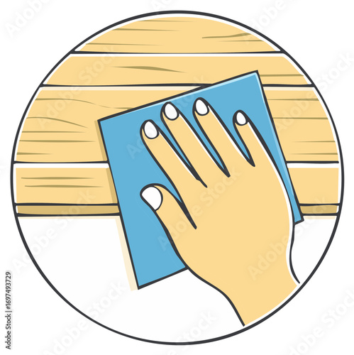 Cartoon hand cleaning light wooden surface with blue rag showing domestic hygiene chores