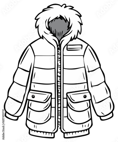 Winter coat graphic illustration with fur hood and pockets in black and white