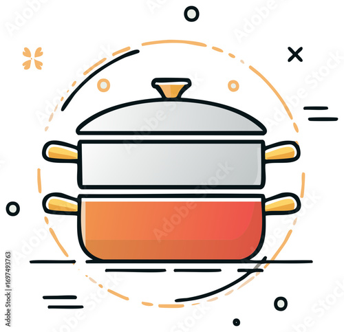 Cartoon illustration of stacked cooking pots with a lid, in an abstract design