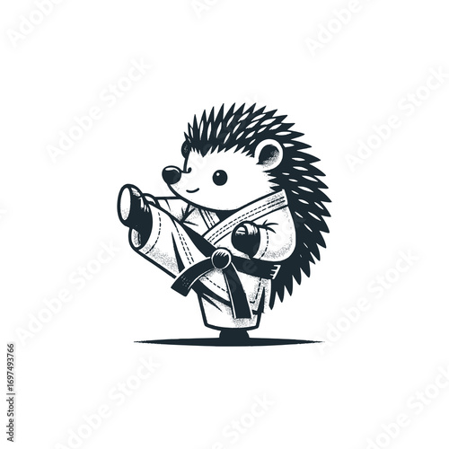 Martial arts hedgehog cartoon – Black and White Icon Vector and Illustration