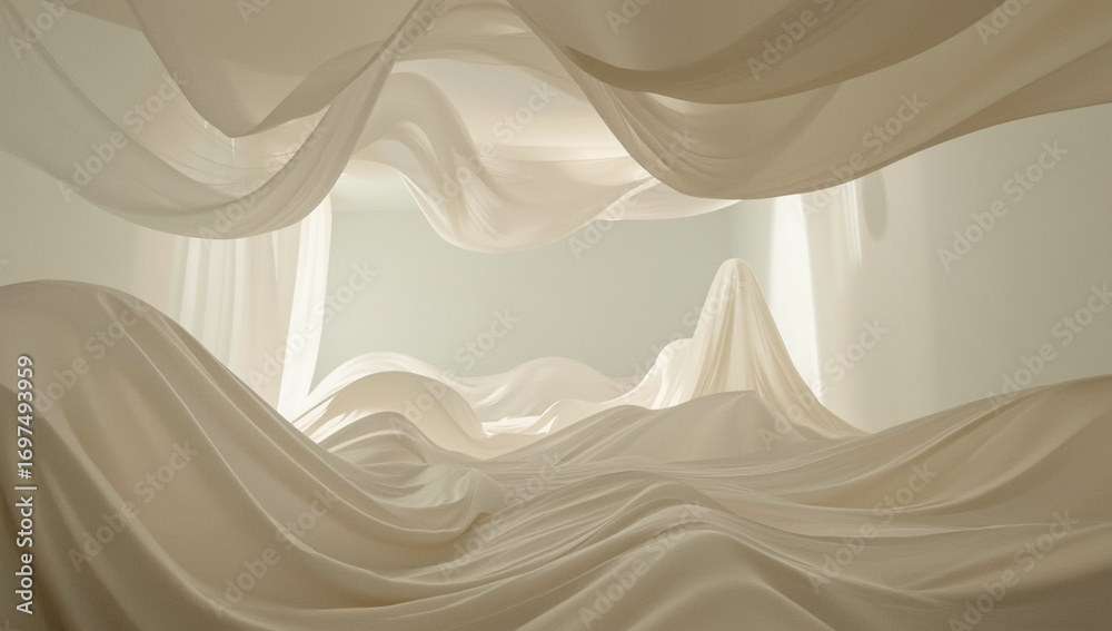 Fototapeta premium An ethereal art installation of flowing off-white fabric creating a dreamlike, abstract landscape.